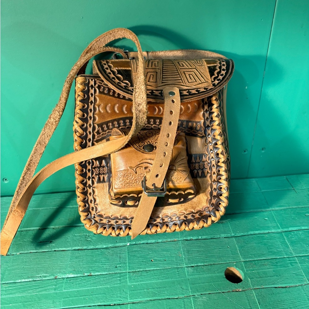 Artisan Leather Shoulder Bag in Tan Aztec Design Boho